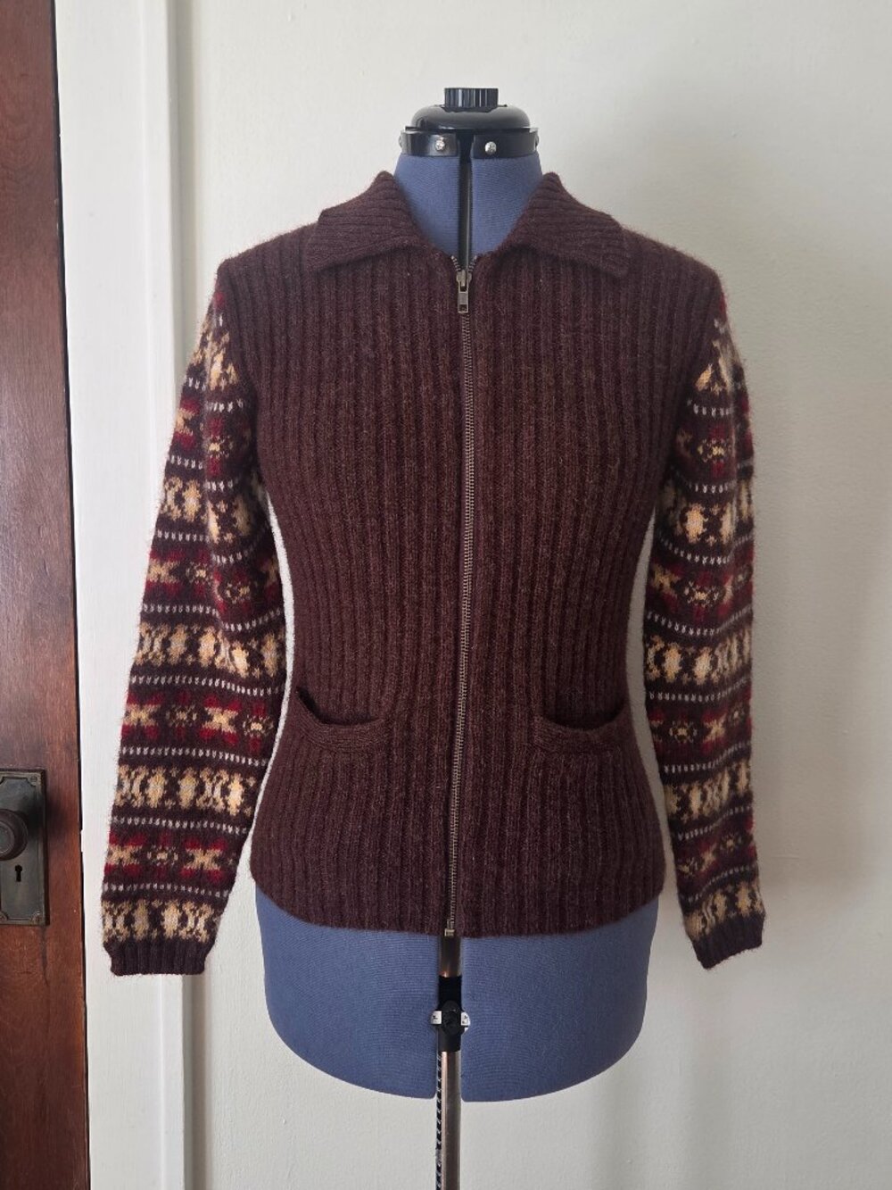 The Limited Vintage 80’s Brown Wool Ribbed Fair Isle Zipper Cardigan